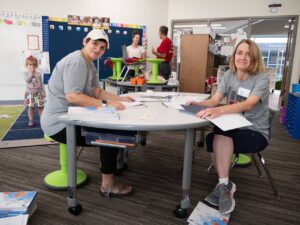 Two women working at table in classroom