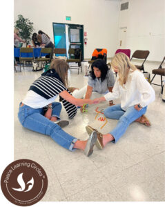 Three women sitting on floor doing PLCircle activity.