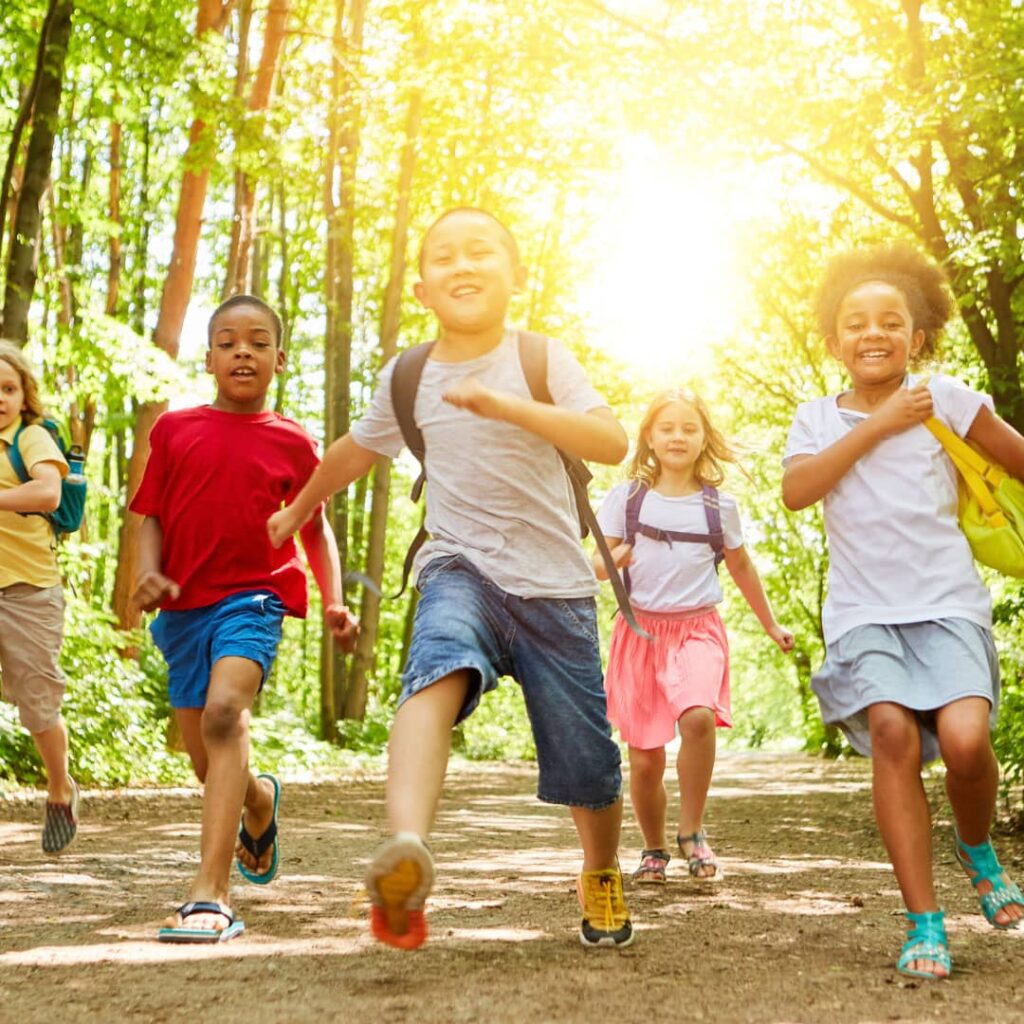 Kids running through a bright, sunny forest.