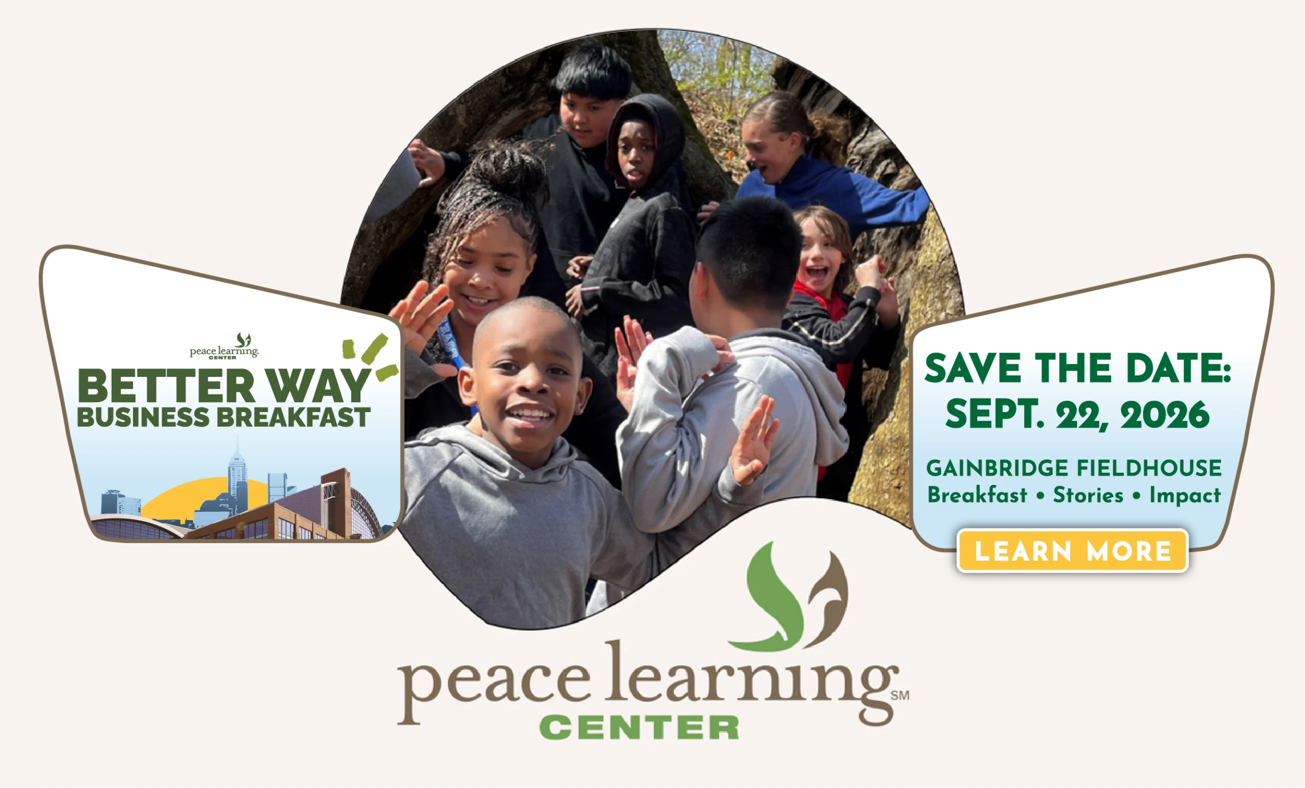 Peace Learning Center Better Way Business Breakfast promotion featuring a diverse group of people with arms around one another