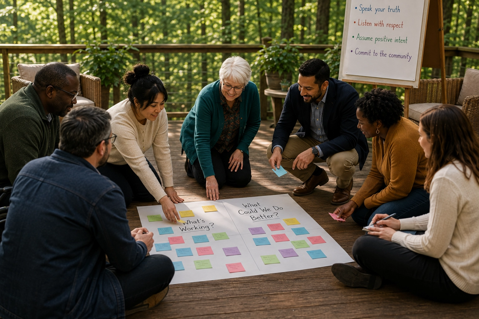 Adults collaborate during a community-based restorative practices group activity at Peace Learning Center, using guided discussion and shared problem-solving to strengthen communication and relationships