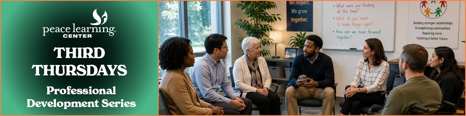 A diverse group of adults participates in a restorative practices circle, listening as one participant speaks while holding a talking piece during a community-based professional development workshop